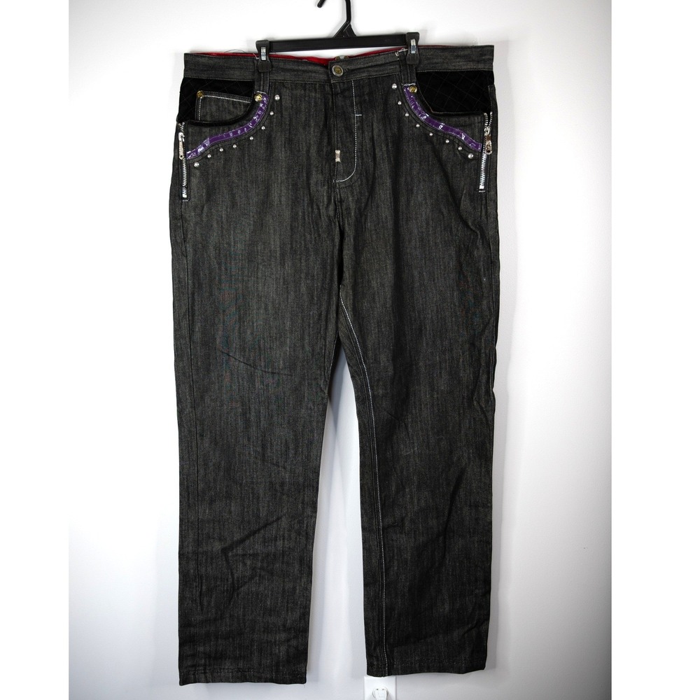 Crown Holder Jeans Mens 42 Black Excellent Y2K Streetwear Embroidered Grunge